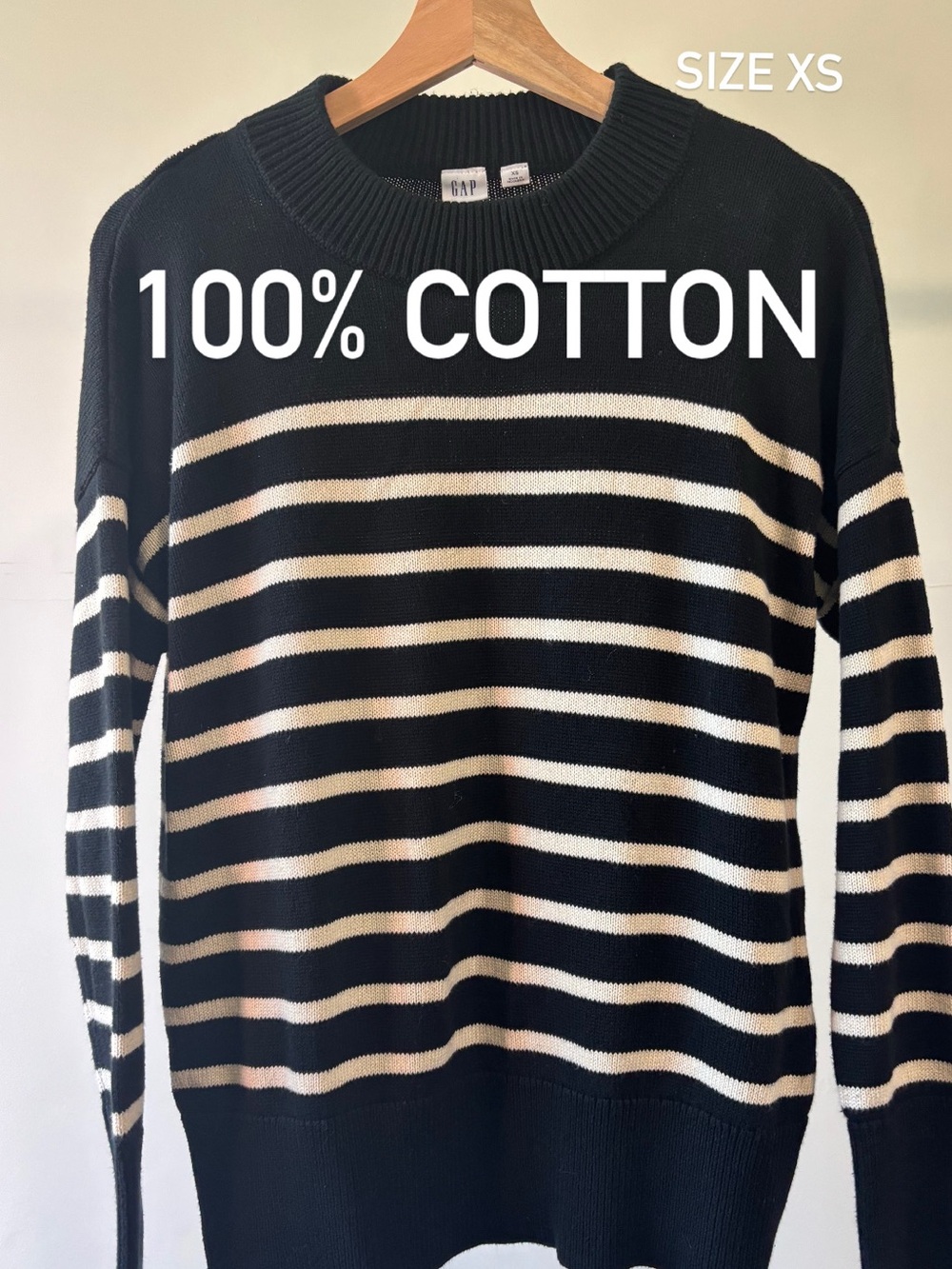 GAP Black and Cream Striped Crewneck Sweater | Size XS | 100% cotton
